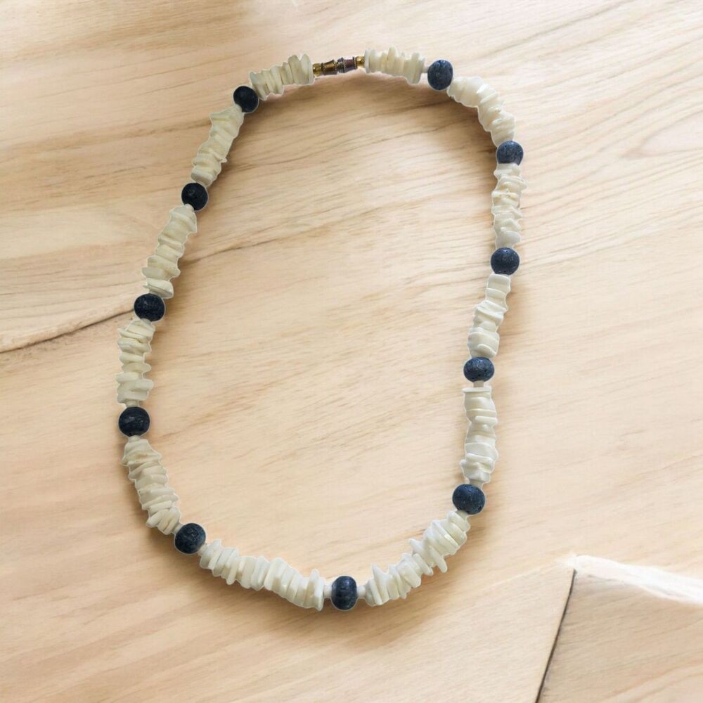 Puka Shell Necklace Unisex White Blue Barrel Clasp16" Hawaiian Surfer Vintage